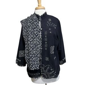 KORET City Blues Embroidered 2pc Set sz M/L Shirt Jacket /Capri Navy Rayon BOHO